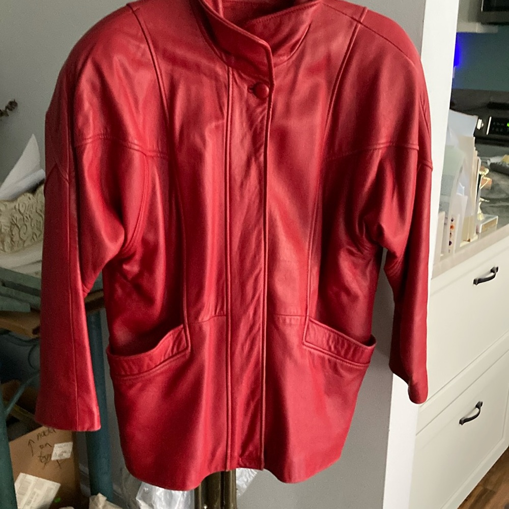 Ladies Red Leather Coat by ‘Outerwear essentials’ -size Medium